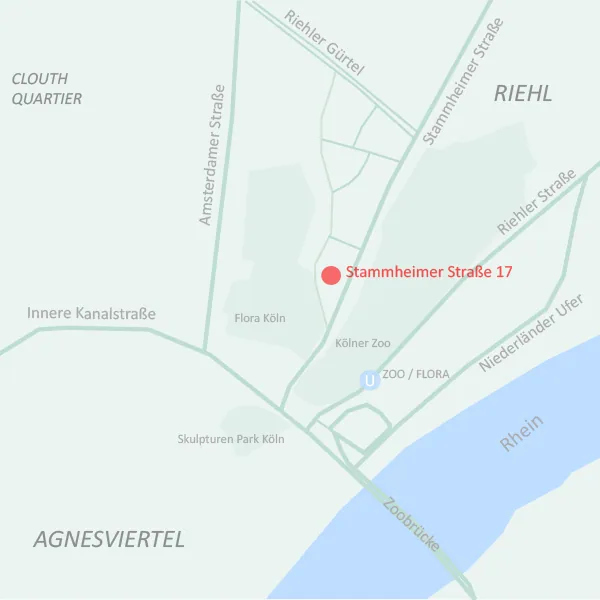 Lageplan der Praxis Haberecht: Stammheimer Straße 17 in Köln-Riehl, nahe Kölner Zoo, Flora und Rhein.